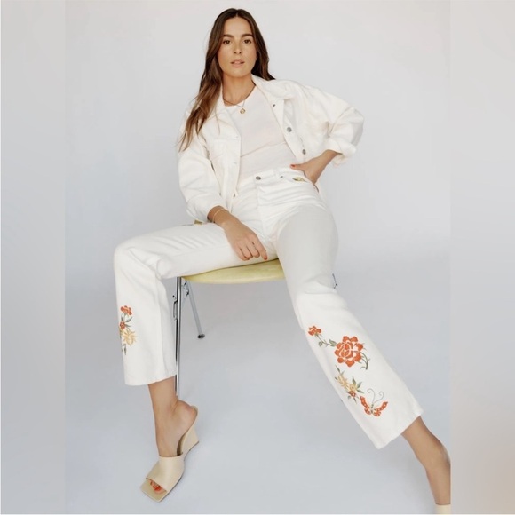 Reformation Cynthia High-Rise Straight Jeans Rigid Denim Flora Embroidery 29 GUC - Picture 1 of 10